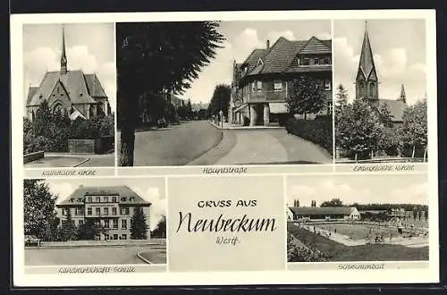 AK Beckum / Westf., Katolische Kirche, Hauptstrasse, Schwimmbad, Landwirtschafts-Schule