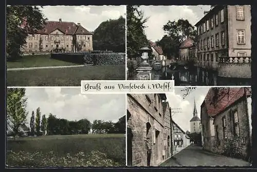 AK Vinsebeck i. Westf., Flusspartie, Schloss und Strassenpartie