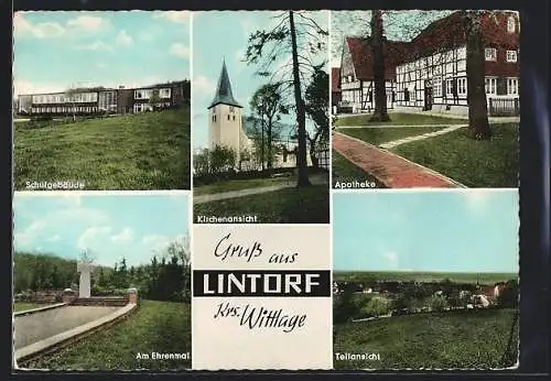 AK Lintorf /Krs. Wittlage, Schule, Apotheke, Ehrenmal, Kirche