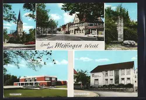 AK Mettingen /Westf., Realschule, Ehrenmal, Kirche, Strassenpartie