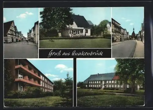 AK Quakenbrück, Kiosk, Strassenpartie mit Fachwerkhäusern, Blick zur Kirche