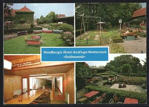 AK Goldenstedt, Strassbrug`s Ausflugs-Restaurant, Gartenpartien mit Eisenbahn u. Schaukel, Innenansicht Gastraum