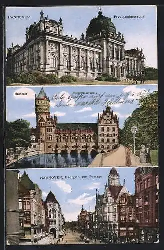 AK Hannover, Georgstrasse mit Passage, Flusswasserkunst, Provinzialmuseum