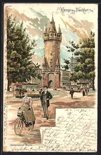 Lithographie Frankfurt a. M., Eschenheimer Turm mit Strassenbahnen