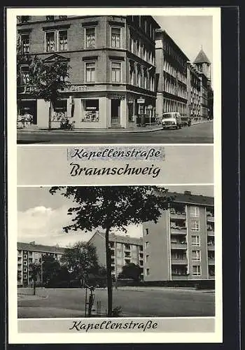 AK Braunschweig, Campestrasse und Kapellenstrasse mit Geschäften