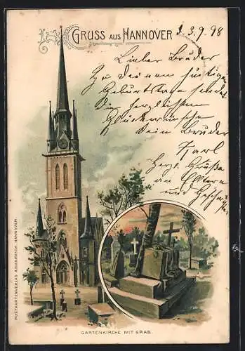 Lithographie Hannover, Gartenkirche mit Grab