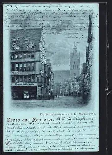 Mondschein-AK Hannover, Schmiedestrasse mit Marktkirche