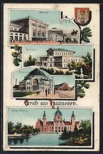 Lithographie Hannover, Bahnhof, Hoftheater, Stadthalle, Neues Rathaus