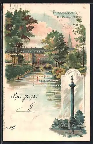Lithographie Hannover, Kgl. Resid. Schloss, Waterloosäule