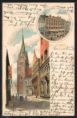 Lithographie Hannover, Geschäftshaus J. W. Saltzer, Marktkirche