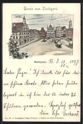 Lithographie Stuttgart, Marktplatz mit Marktständen