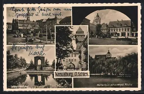 AK Kreuzburg, Ring mit Rathaus, Heldendenkmal, Schlossdurchbruch