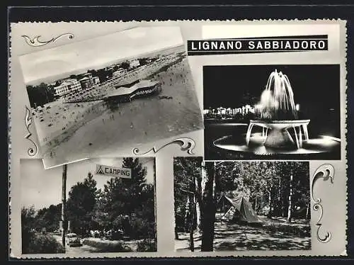 AK Lignano Sabbiadoro, Campingplatz, Springbrunnen bei Nacht, Ortsansicht