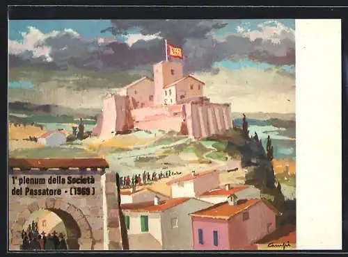 Künstler-AK Verucchio, Rocca di Verucchio, 1e Plenum della Società del Passatore 1969