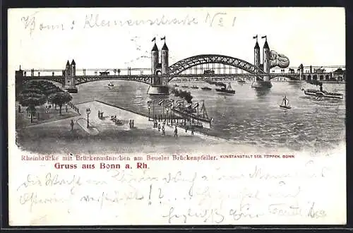 AK Bonn a. Rh., Rheinbrücke mit Brückenmännchen am Beueler Brückenpfeiler