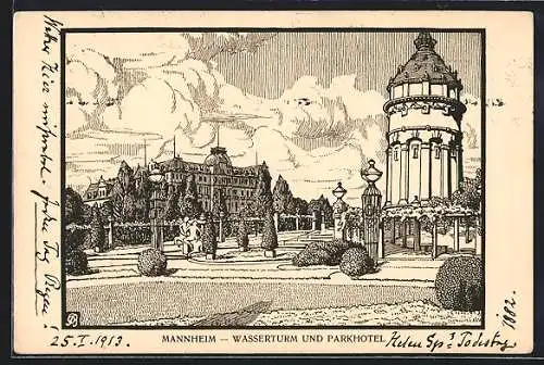 Künstler-AK Mannheim, Wasserturm und Parkhotel