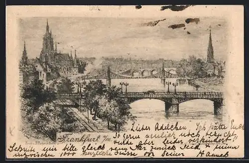 Künstler-AK Alt-Frankfurt, Ortsansicht mit Dom und Brücke