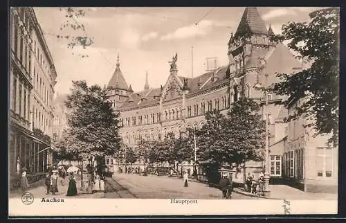 AK Aachen, Strassenpartie an der Hauptpost, Litfasssäule