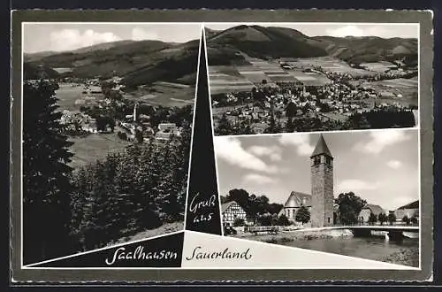 AK Saalhausen /Sauerland, Brücke und Glockenturm, Ortsansicht aus der Vogelschau