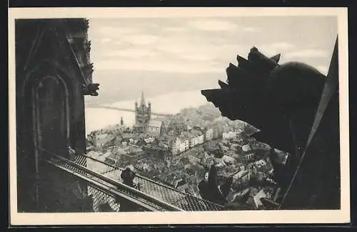 AK Köln, Blick von der Turmgalerie auf Gross-St. Martin und Rhein