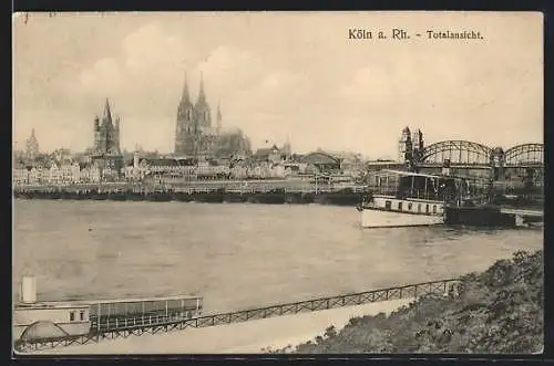 AK Köln a. Rh., Totalansicht mit Dampfer und Dom