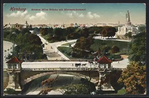 AK Hamburg-St. Pauli, Blick auf die Kersten Miles-Brücke mit Bismarckdenkmal