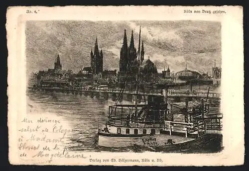 AK Köln, Blick über den Rhein zum Dom