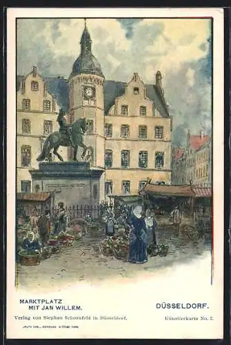 AK Düsseldorf, Marktplatz mit dem Jan Willem-Denkmal