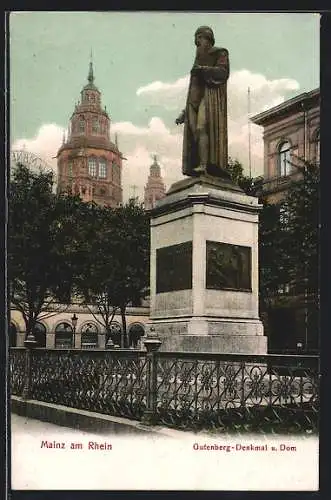 AK Mainz, Gutenberg-Denkmal u. Dom