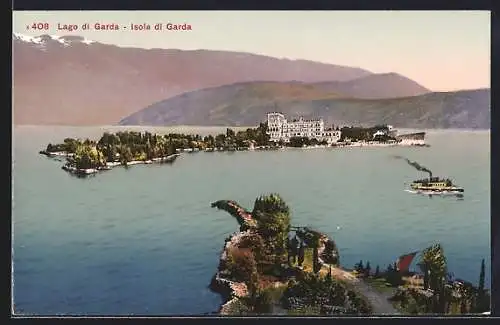 AK Isola di Garda, Panorama der Insel im Gardasee, Dampfer