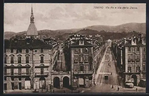 AK Torino, Via Po e Via della Zecca, Strassenbahn
