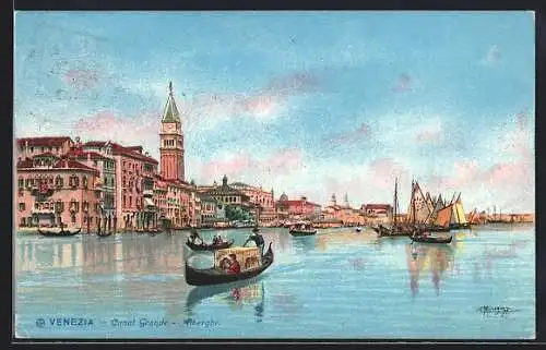 AK Venezia, Canal Grande, mit Gondeln und Segelbooten