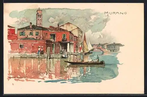 Künstler-Lithographie Manuel Wielandt: Murano, Ortspartie an der Kirche, Segelboot