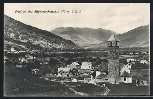 AK Prad, Ortsansicht mit der Kirche an der Stilfserjochstrasse