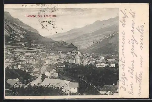 AK Tesero /Trentino, Ortsansicht mit Bergpanorama aus der Vogelschau