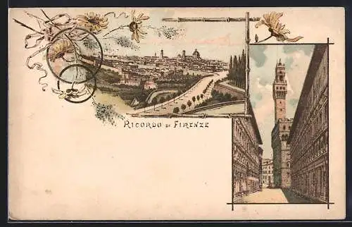 Lithographie Firenze, Panorama, Strassenpartie
