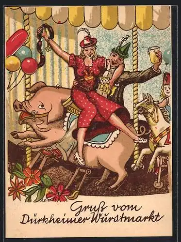 AK Dürkheim, Dürkheimer Wurstmarkt, Liebespaar reitet auf einem grossen Schwein