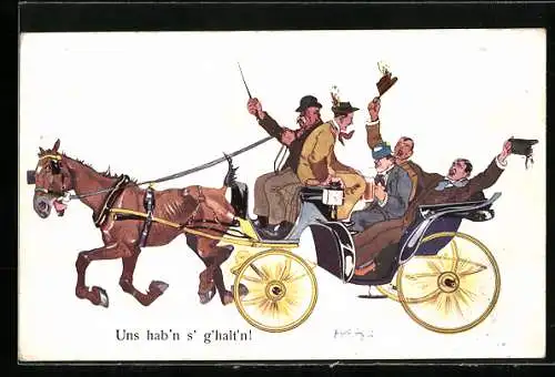 Künstler-AK Fritz Schönpflug: Männer im Anzügen mit Bierkrug und erhobenen Hüten auf einer Kutsche