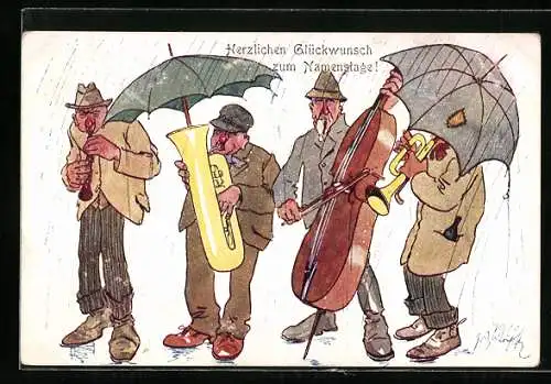Künstler-AK Fritz Schönpflug: Musikquartett im Regen, Karikatur