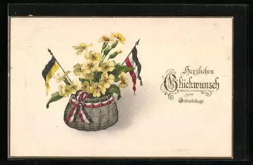 AK Die besten Glückwünsche zum Geburtstag, Korb mit Blumen und Zweibund-Fahnen Österreich & Deutsches Reich