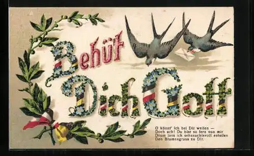 AK Schwalben mit Brief, Deutschland / Österreich - Behüt Dich Gott, mit Blumen verziert