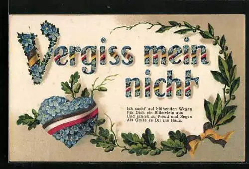 AK Herz aus Vergissmeinnicht und Kranz aus Lorbeer und Eichenlaub