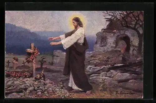 Künstler-AK R. Leinweber: Der Herr segnet das Grab eines deutschen Soldaten