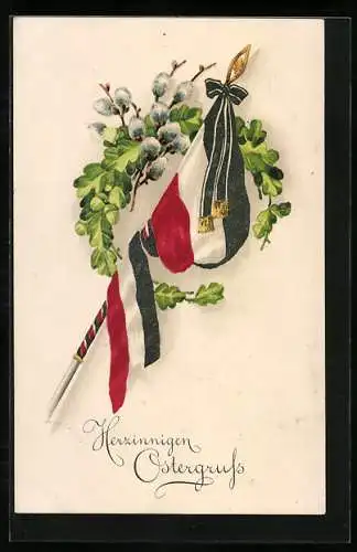 Künstler-AK Weidenkätzchen, Eichenlaub, Nationalflagge - Ostergruss