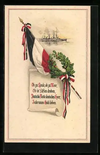 AK Dampfschiff auf hoher See, Fahne mit Kranz