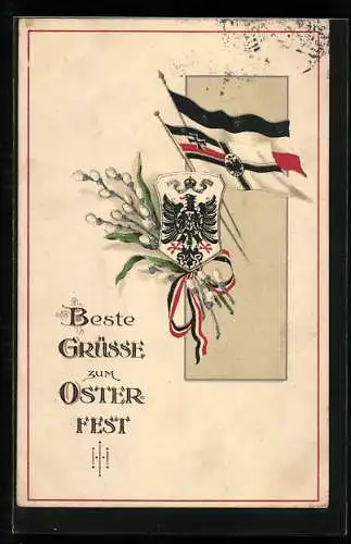 AK Ostern, Reichskriegsfahne, Deutsche Fahne, Wappen, Weidenkätzchen