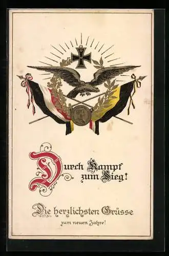 AK Franz Joseph IV. gg. Kaiser von Österreich, Adler mit Flaggen und Eisernem Kreuz