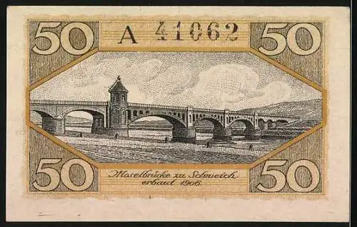 Notgeld Schweich 1920, 50 Pfennig, Verein für Handel und Gewerbe E.V., Moselbrücke zu Schweich erbaut 1906