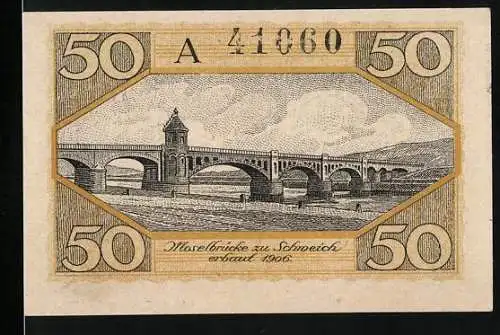 Notgeld Schweich, 1920, 50 Pfennig, Moselbrücke zu Schweich und Vereinswerbung mit Tanz und Handwerkerszene