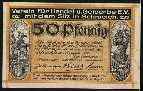 Notgeld Schweich, 1920, 50 Pfennig, Moselbrücke zu Schweich und Vereinswerbung mit Tanz und Handwerkerszene